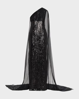 Pamella Roland Mixed Sized Sequin Column Gown with Cape