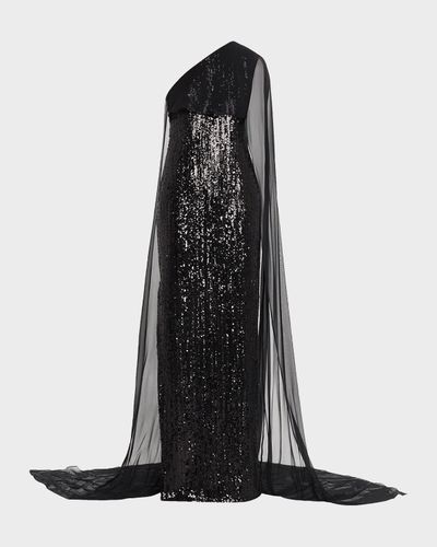 Pamella Roland Mixed Sized Sequin Column Gown with Cape