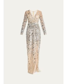 Pamella Roland Sequined Long-Sleeve Surplice Tulle Gown