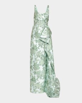 Pamella Roland Sleeveless Metallic Floral Jacquard Draped Column Gown