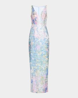 Pamella Roland Sleeveless Printed Sequin Column Gown