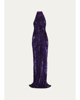 Pamella Roland Wave Beaded Halter Column Gown