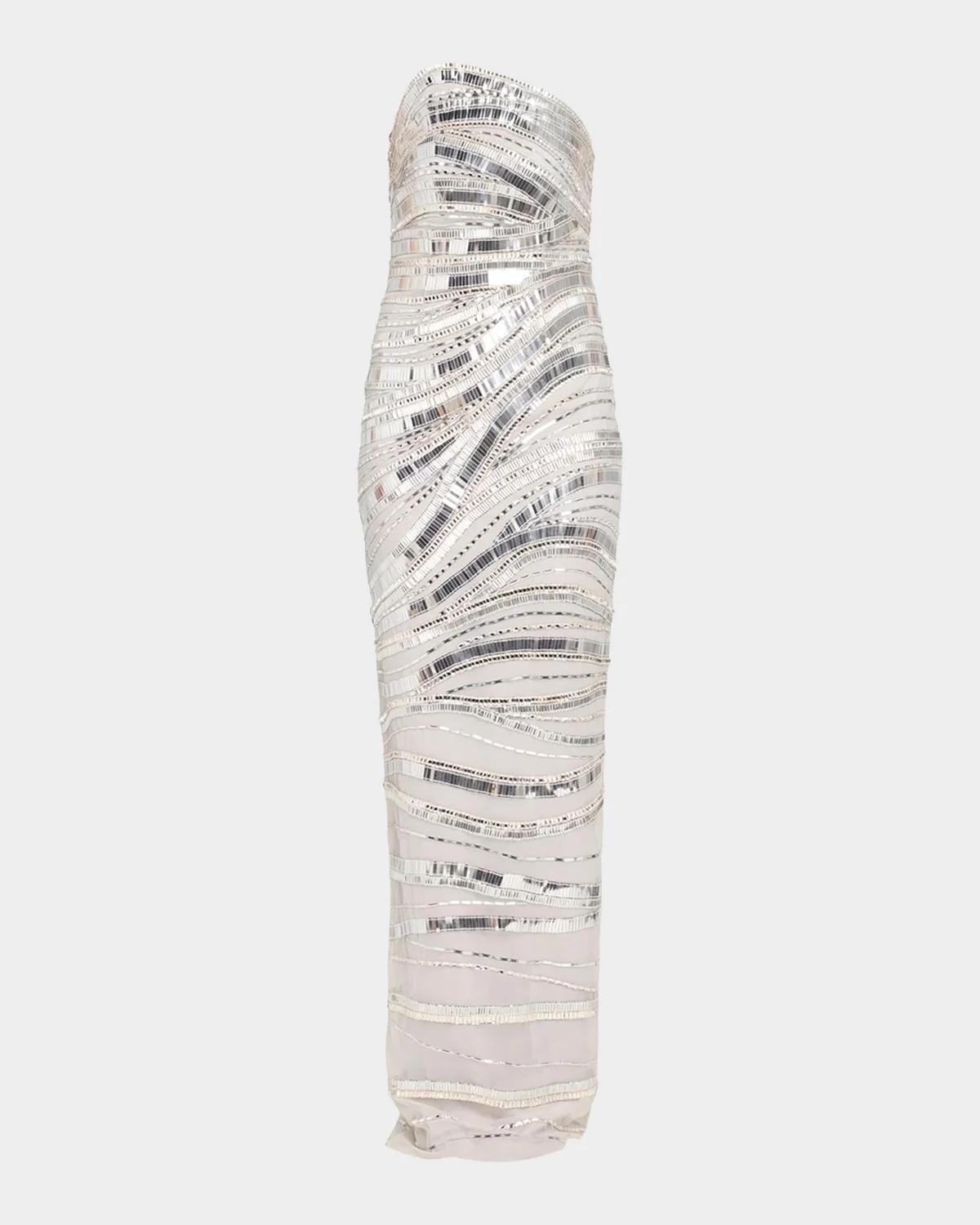 Pamella Roland Wave Beaded Tulle Strapless Column Gown