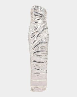Pamella Roland Wave Beaded Tulle Strapless Column Gown