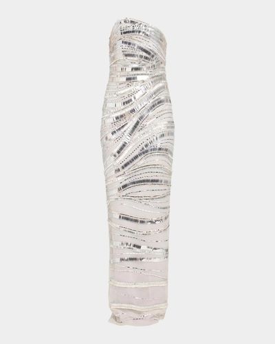 Pamella Roland Wave Beaded Tulle Strapless Column Gown