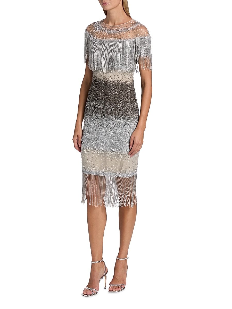 pamella roland cocktail dresses Pamella Roland Signature Sequined Ombr Feather-Trim Gown, Amethyst Multi, Women's, 2 Us, Sequined Gowns