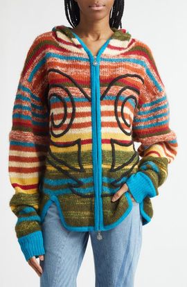 Paolina Russo Paolina Russo Stripe Hooded Alpaca & Merino Wool Blend Fulll Zip Sweater
