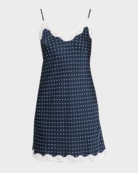 Papinelle Annabelle Polka-Dot Satin Lace-Trim Mini Slip Dress