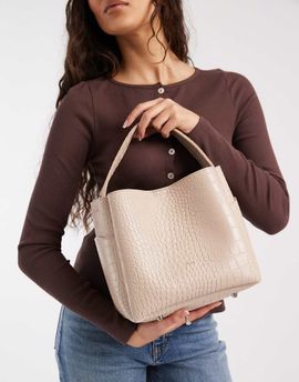 PASQ PASQ bucket bag with crossbody strap in beige croc-Gray