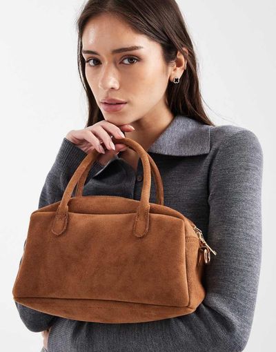 PASQ PASQ small suede bowling bag with crossbody strap in tan-Brown