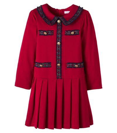 Patachou Patachou Pleated tweed-trimmed cotton dress