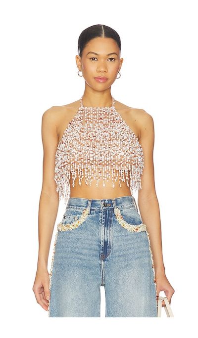 PatBO PatBO Pearl Dust Embroidery Halterneck Top
