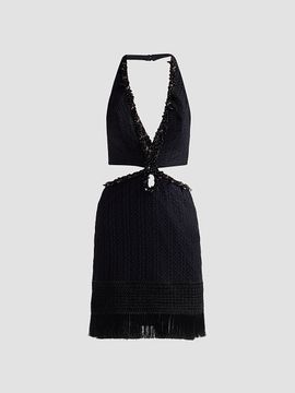 PatBO Women's Ayla Plunge Beaded Fringe Mini Dress