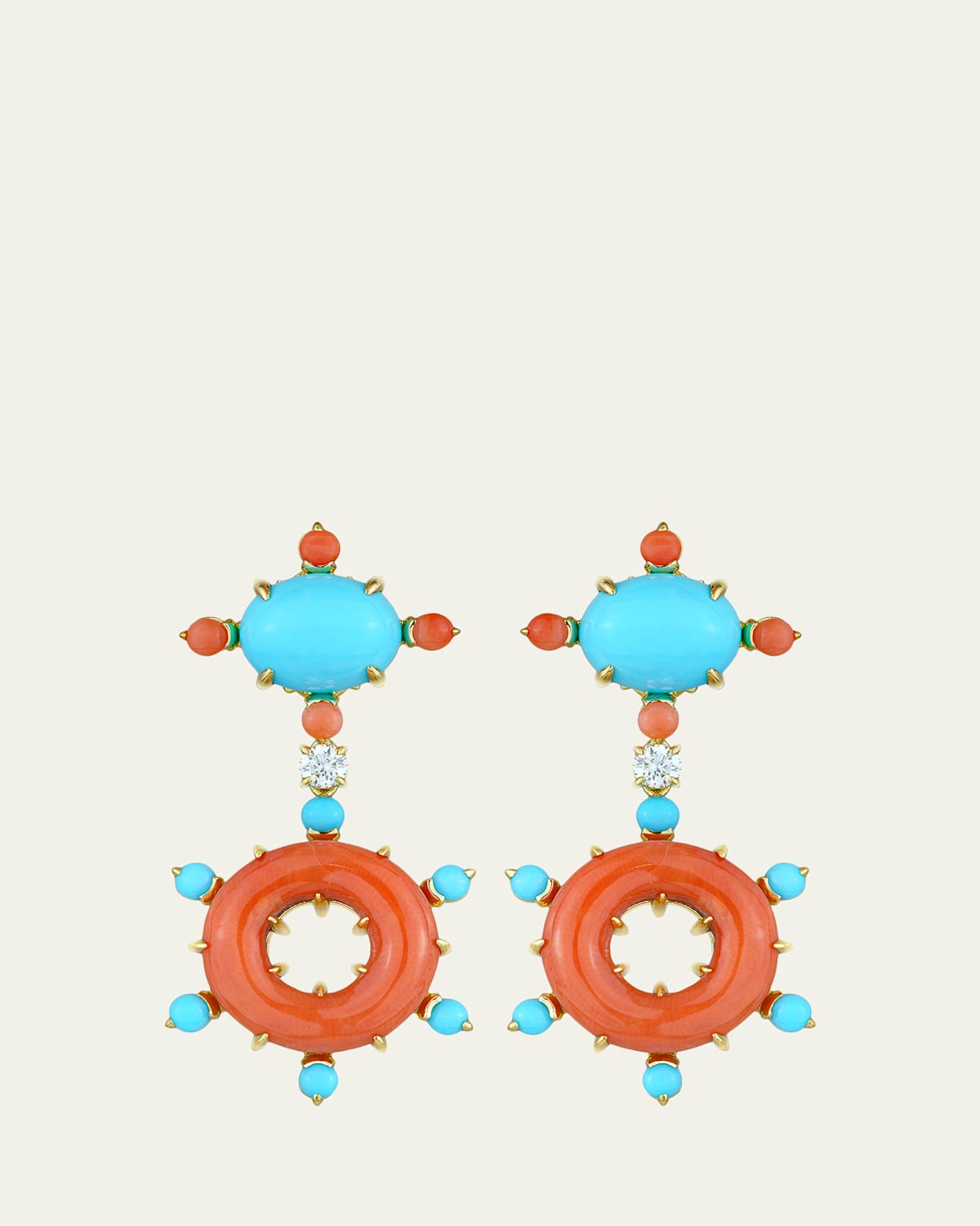 Paul Morelli 18K Yellow Gold Diamond, Turquoise and Coral Earrings