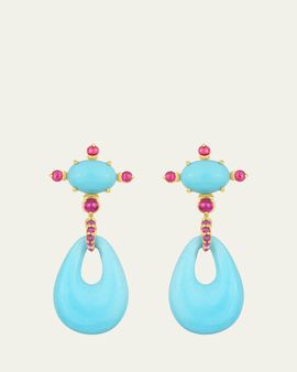 Paul Morelli 18K Yellow Gold Turquoise and Ruby Drop Earrings