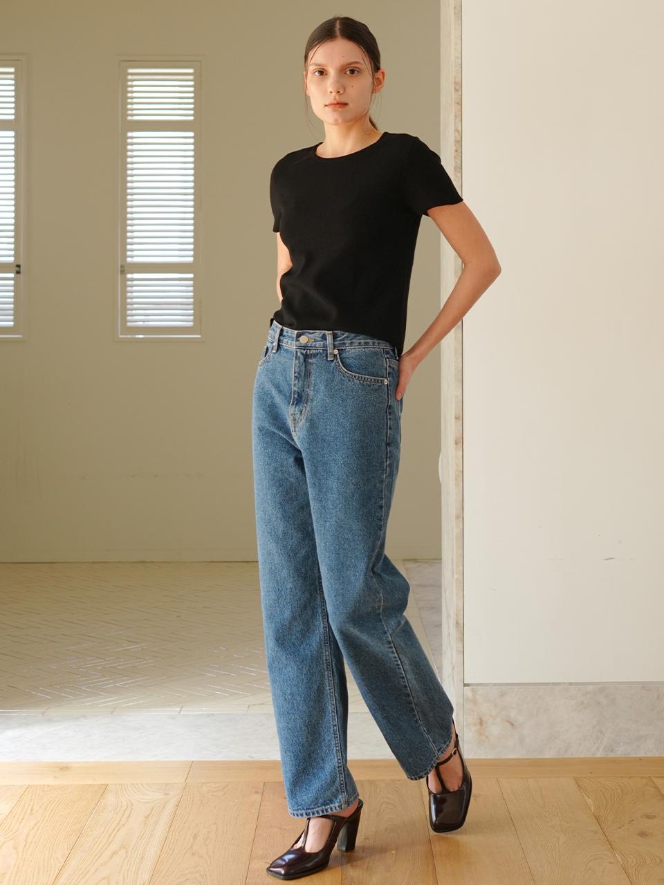 PAUL&ALICE Straight Cotton Classic Rise Pants [Mid Blue]