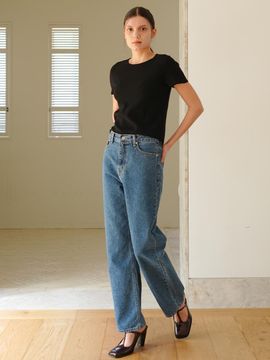 PAUL&ALICE Straight Cotton Classic Rise Pants [Mid Blue]