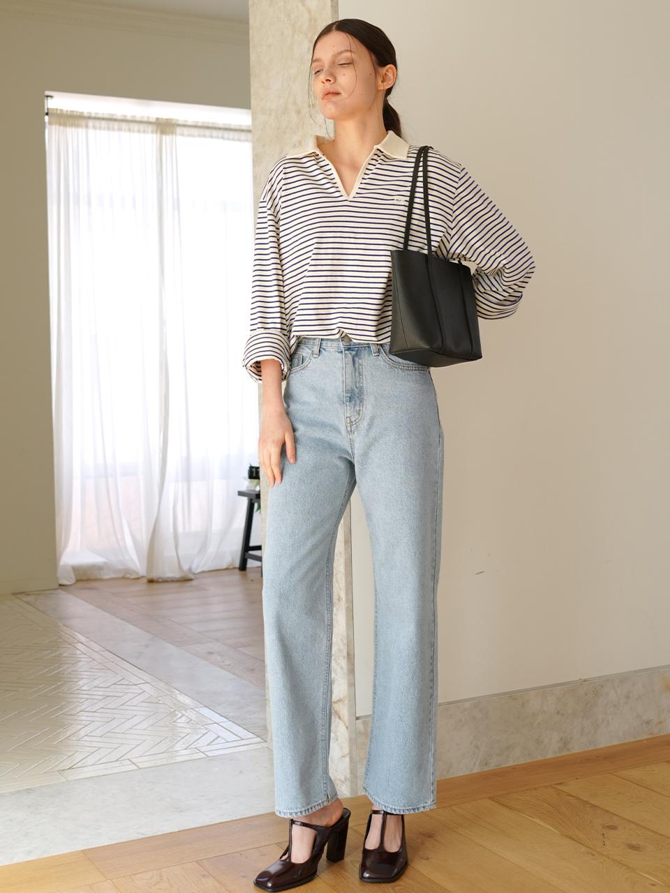 PAUL&ALICE Stripe Collar Oversized Cotton Tee [Blue]
