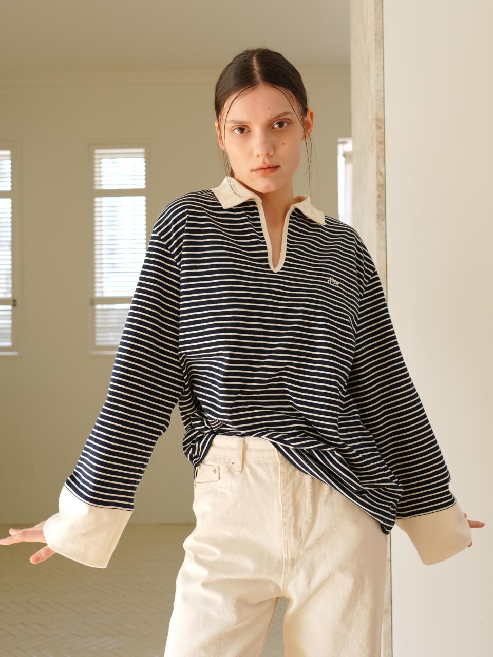 PAUL&ALICE Stripe Collar Oversized Cotton Tee [Navy]