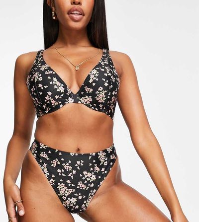 Peek & Beau Peek & Beau Exclusive polyester high leg bikini bottom in pink floral print - MULTI