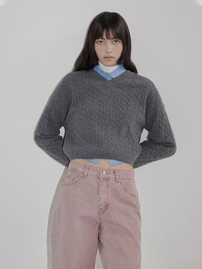 pelote Cable V-Neck Wool Semicrop Knit [Pink]