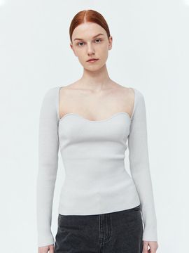 pelote Heart Neck Ribbed Knit Top [Grey]