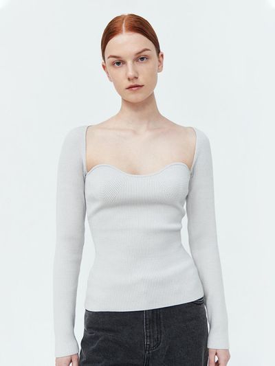 pelote Heart Neck Ribbed Knit Top [Grey]