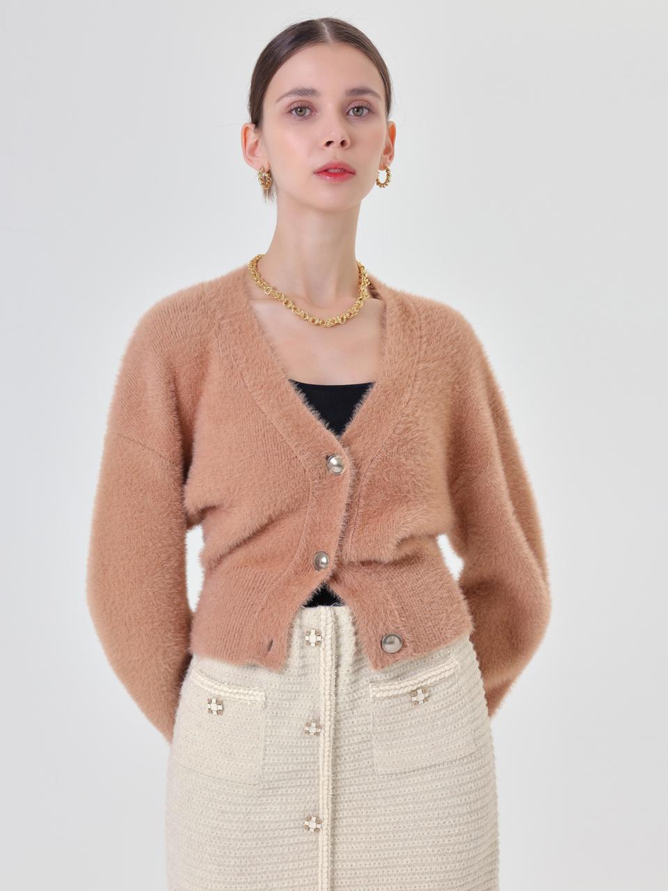 pelote V-neck Crop relaxed-fit Fur Cardigan [Beige]