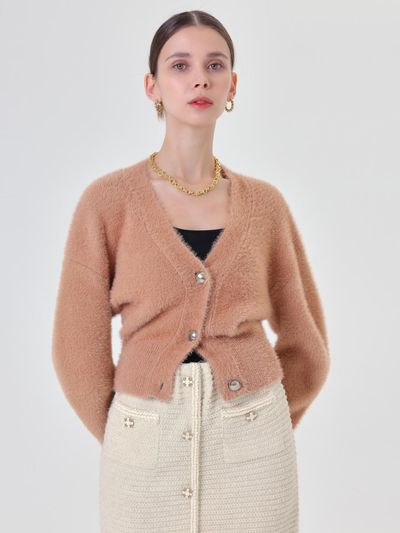 pelote V-neck Crop relaxed-fit Fur Cardigan [Beige]