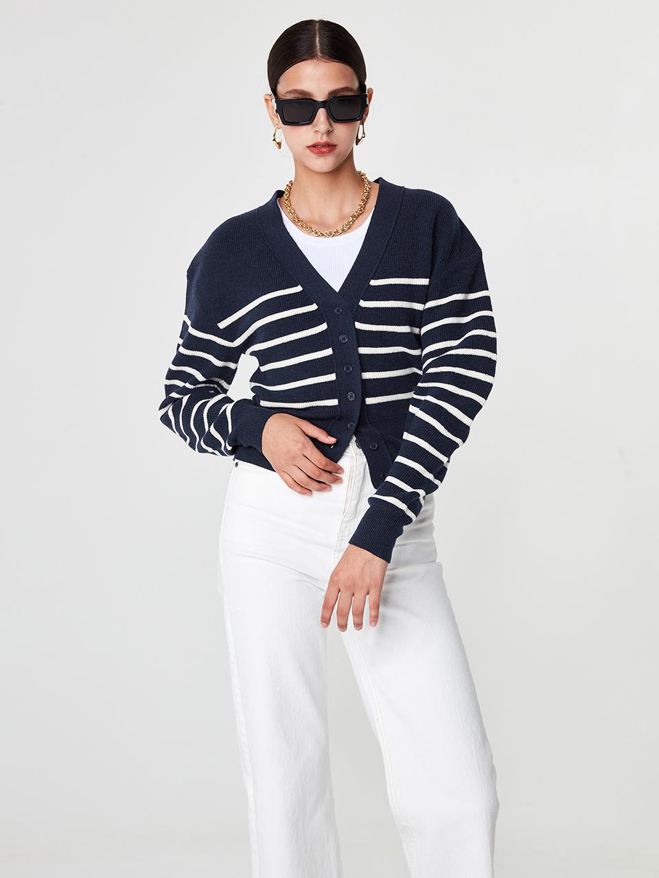 pelote V-neck Dropped Shoulder Wool Striped Cardigan [Navy]