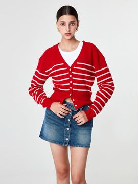 pelote V-neck Striped Premium Wool Cardigan [RED]
