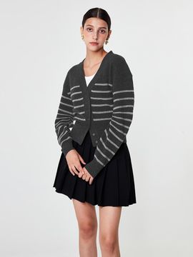 pelote V-neck Striped Wool Cardigan [Charcoal Gray]