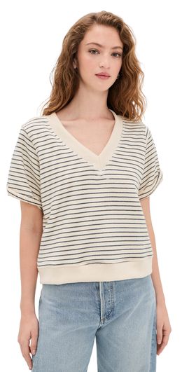 perfectwhitetee perfectwhitetee French Terry Stripe V-neck Short Sleeve Sweatshirt Natural/Charcoal