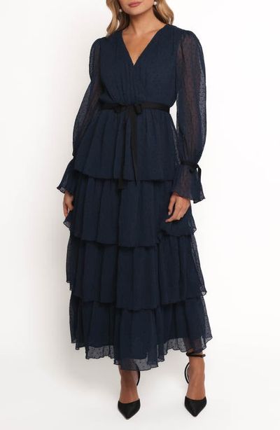 Petal & Pup Petal & Pup Antoinette Long Sleeve Tiered Clip Dot Chiffon Cocktail Dress