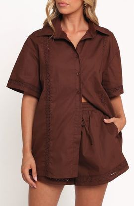 Petal & Pup Petal & Pup Austin Eyelet Trim Short Sleeve Cotton Button-Up Shirt