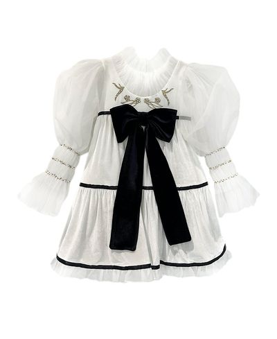 Petite Maison Kids Petite Maison Kids Girls' Aurora Ivory Velour Dress with Tulle Puff Sleeves