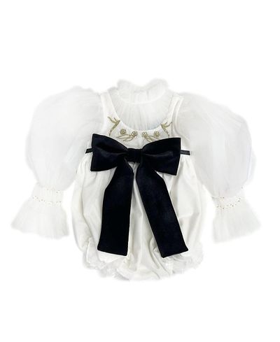 Petite Maison Kids Petite Maison Kids Unisex Petite Maison Aurora Ivory Velour Romper with Tulle Puff Sleeves