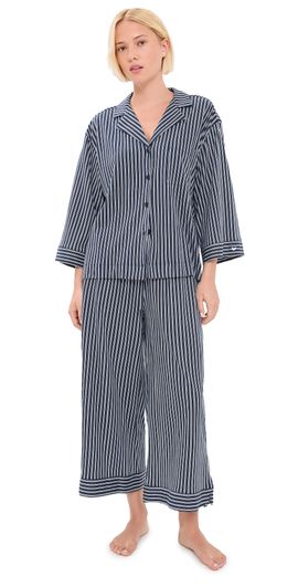 Petite Plume Petite Plume Olivia Wide Leg Pajama Set In Admiral Ticking Navy