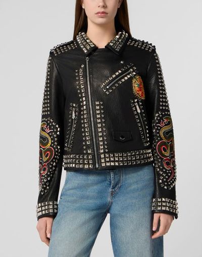 PHILIPP PLEIN PHILIPP PLEIN Boxy Fit Biker Jacket Studs &Amp; Patches Women