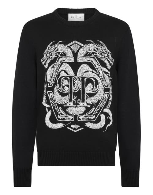 PHILIPP PLEIN PHILIPP PLEIN Embroidered Merino Wool Round Neck Pullover Hexagon Dragon Men
