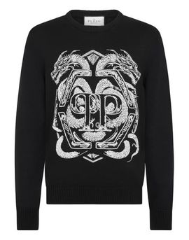 PHILIPP PLEIN PHILIPP PLEIN Embroidered Merino Wool Round Neck Pullover Hexagon Dragon Men