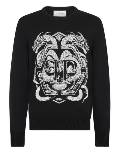 PHILIPP PLEIN PHILIPP PLEIN Embroidered Merino Wool Round Neck Pullover Hexagon Dragon Men