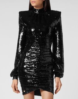 PHILIPP PLEIN PHILIPP PLEIN Ruched Sequin Long Puff Sleeve Midi Evening Dress Women