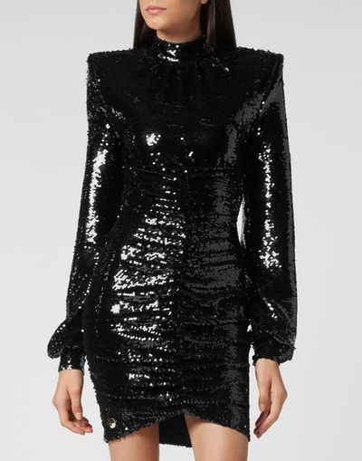 PHILIPP PLEIN PHILIPP PLEIN Ruched Sequin Long Puff Sleeve Midi Evening Dress Women