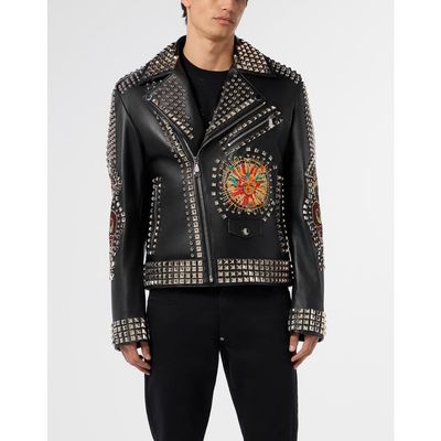 PHILIPP PLEIN PHILIPP PLEIN Vintage Leather Biker Jacket Studs &Amp; Patches Men