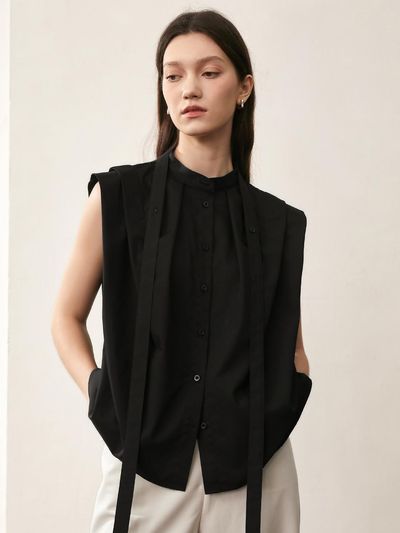 PIA STUDIO BA_Crease sleeveless tie shirt_BLACK