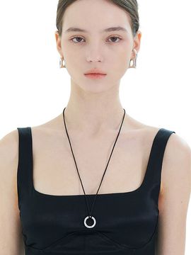PICOMENT Silver Open Circle Pendant Black Strap Necklace