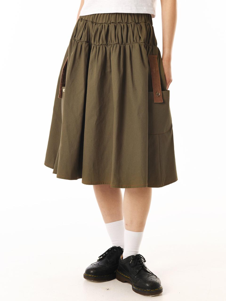 PIECEMAKER CORDUROY POINT COTTON WORK MIDI SKIRT (KHAKI)
