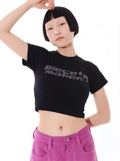 PIECEMAKER Crystal Logo Crop T-Shirt_Black