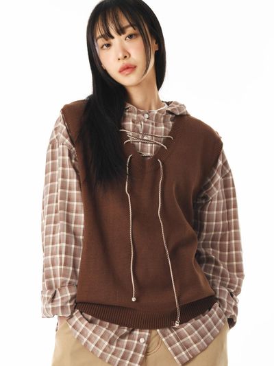 PIECEMAKER LACE UP KNIT VEST (BROWN)